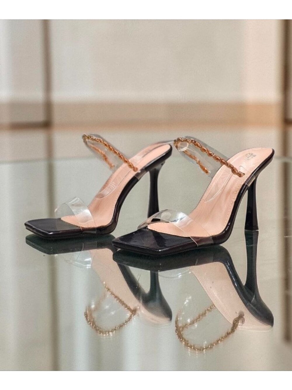 Clear Strap Stiletto Heels With Gold Chain Accent & Square Toe Design Elegant Tr